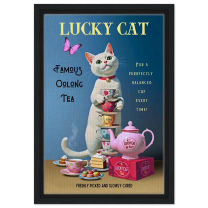 White Lucky Cat Tea Vintage Fine Art Print Black Wood Frame 30x45 cm 12x18″ Framed Canvas