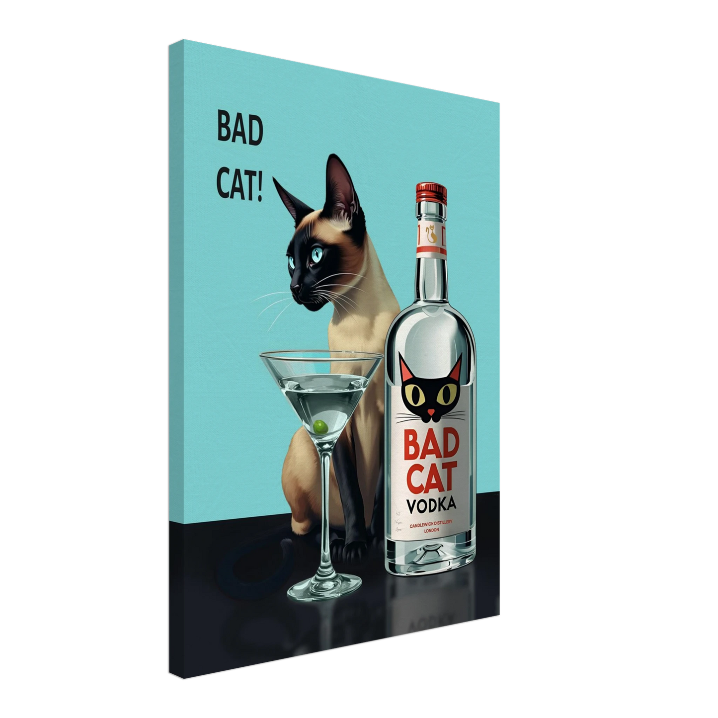 Siamese Cat Retro Martini Cocktail Bar Art Print White Wood Frame 60x90 cm 24x36″ Premium Matte Paper Wooden Framed Poster