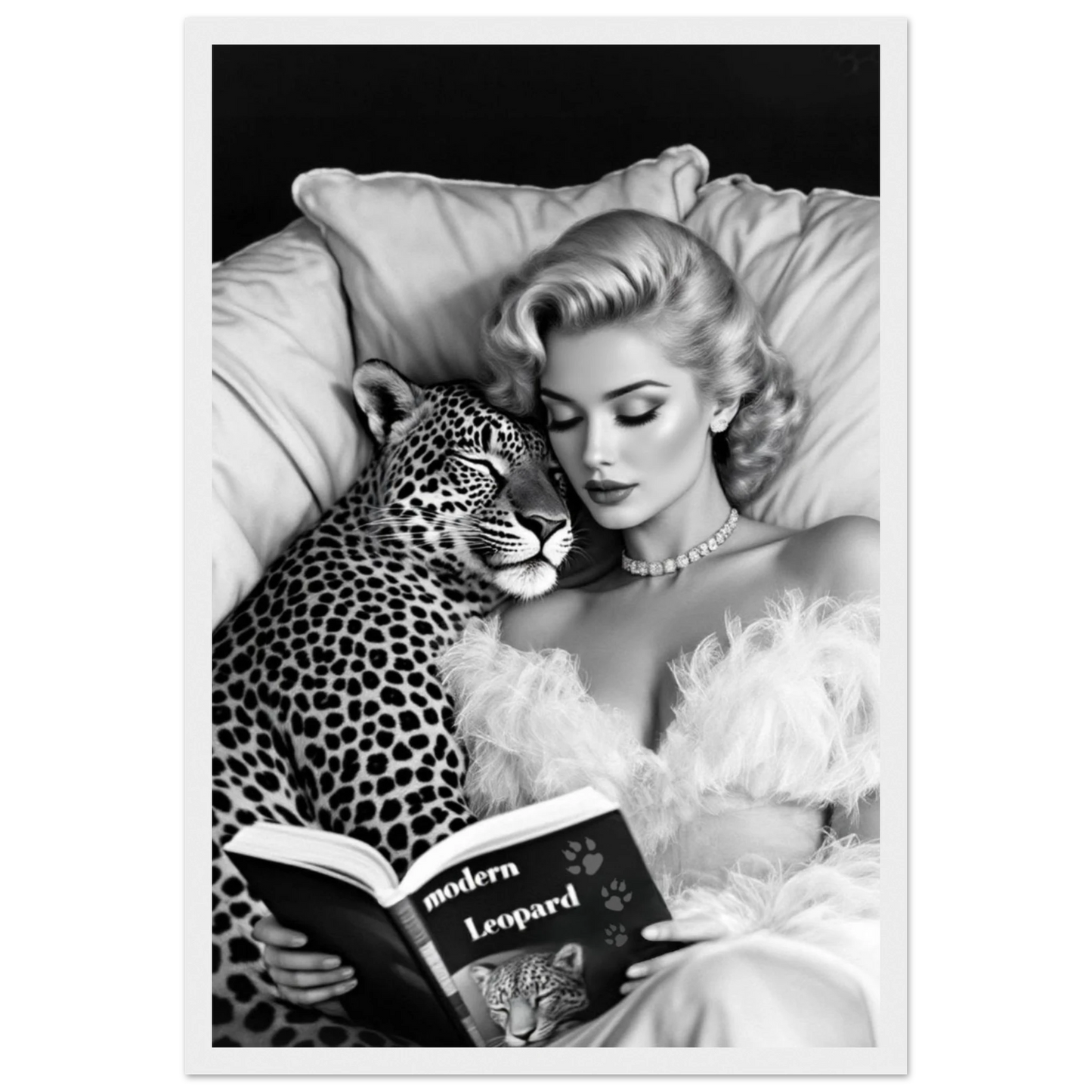 Hollywood Starlet Leopard Cat Art Print 30x45 cm 12x18″ Classic Matte Paper Wooden Framed Poster White Wood Frame