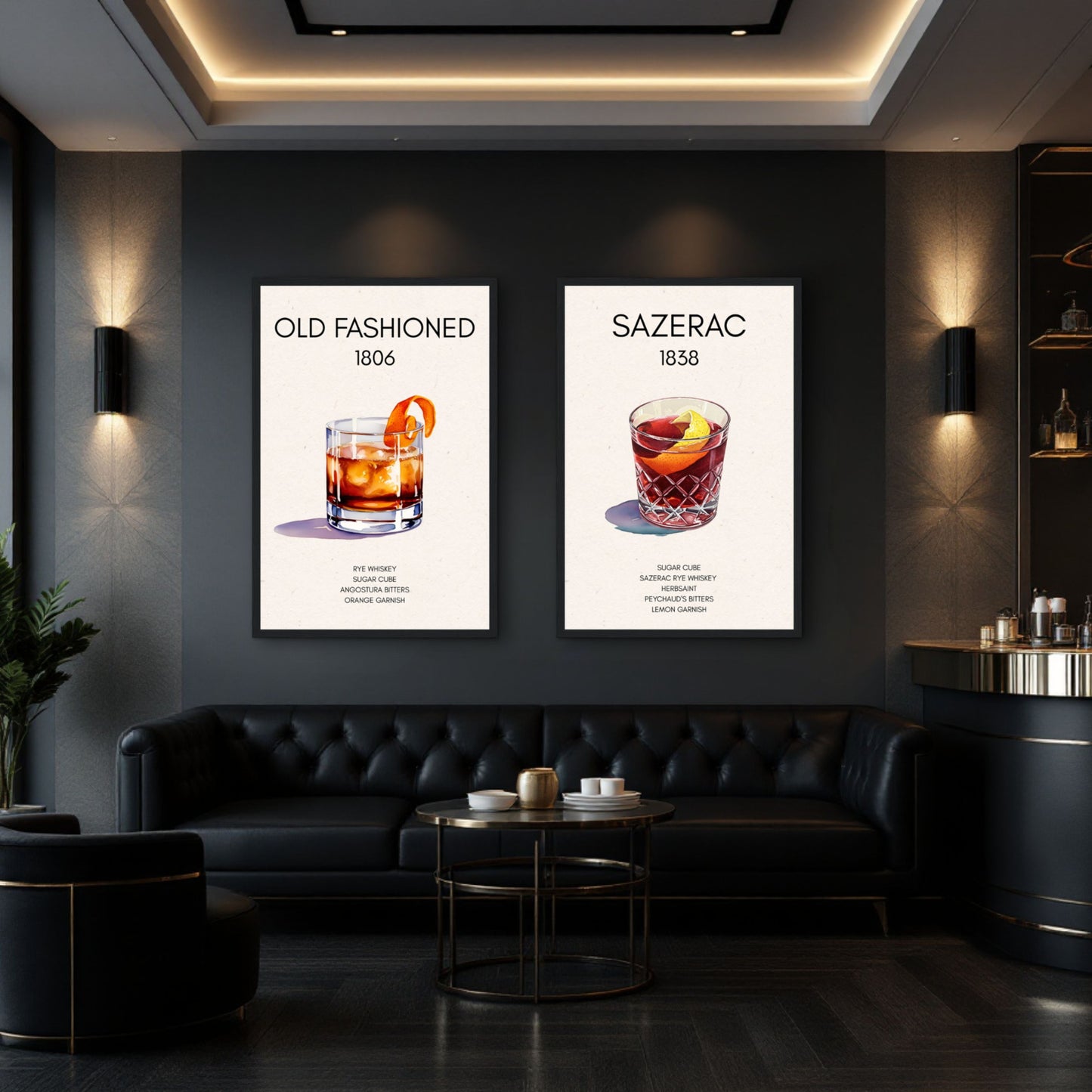 Sazerac Cocktail Bar Poster Print Black Wood Frame 30x45 cm 12x18″ Premium Matte Paper Wooden Framed Poster