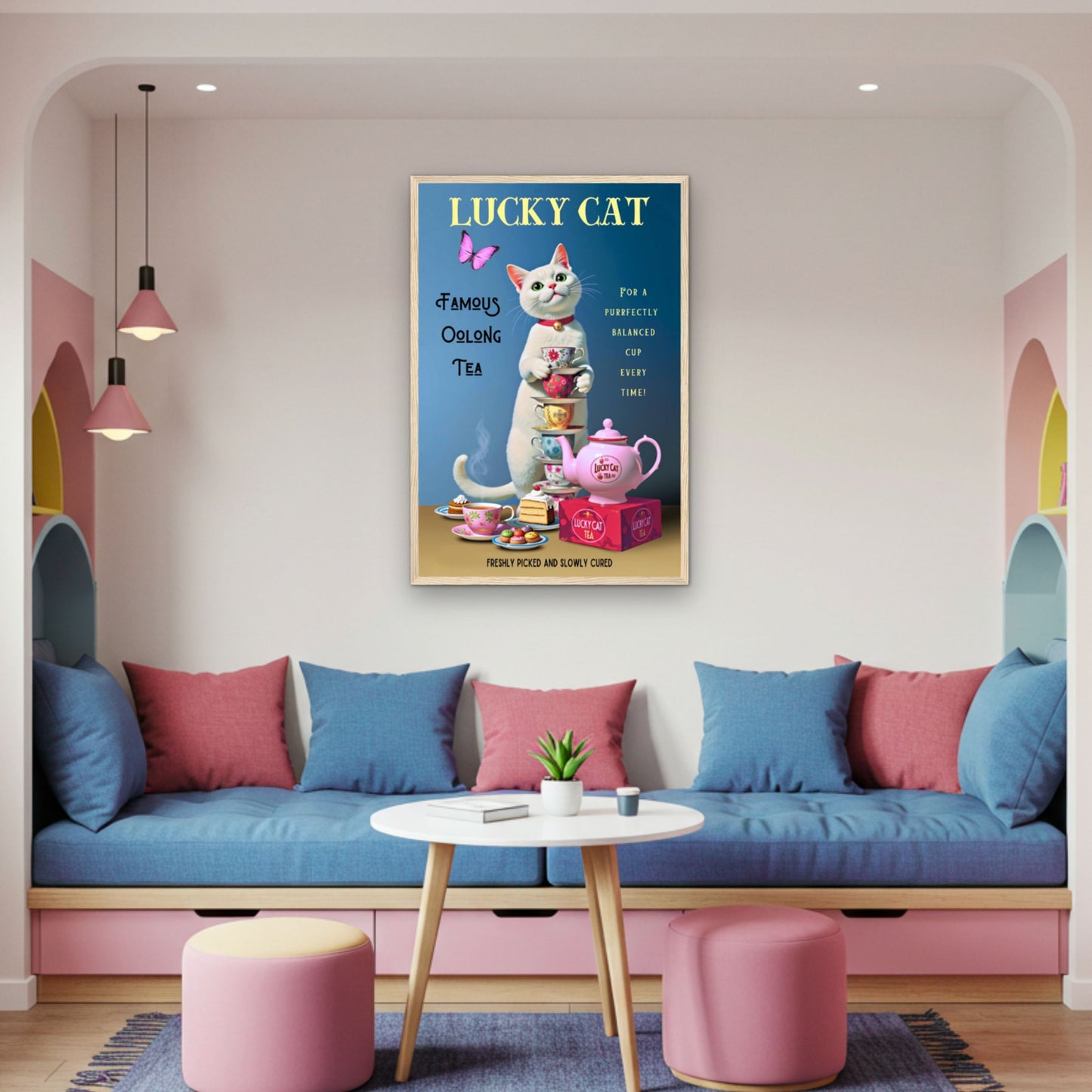 White Lucky Cat Tea Vintage Fine Art Print