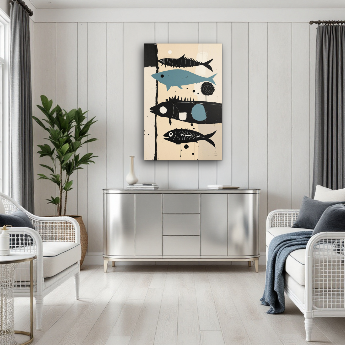 Mid-Century Modern Fish Art Poster Print – Framed Abstract Neutral Wall Decor