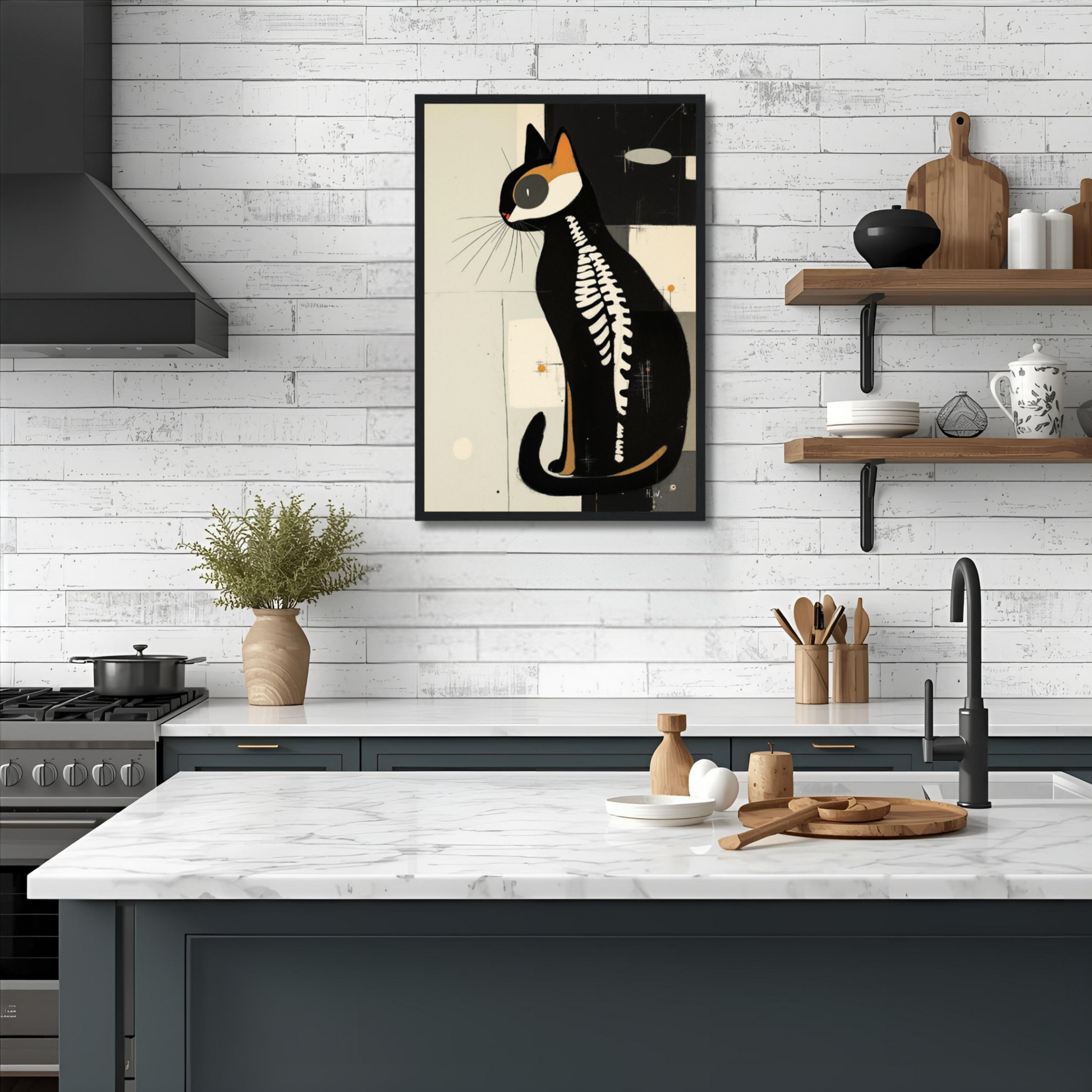 Modern Cat Skeleton Abstract Art Poster Print