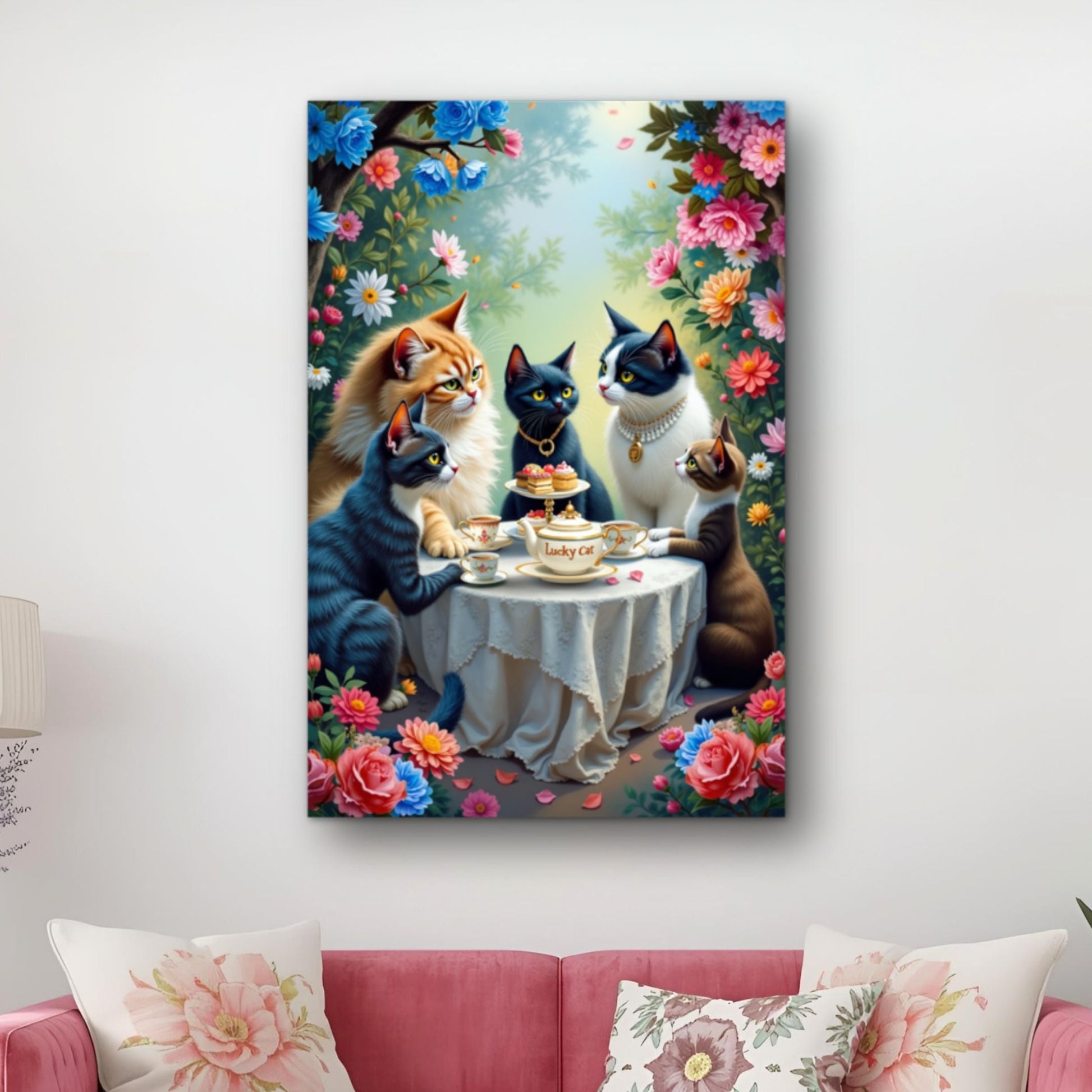 Lucky Cat Tea Party Botanical Art Print