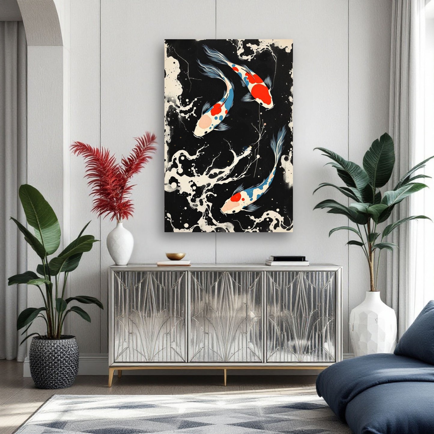 Modern Black White Koi Fish Ocean Art Print