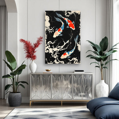 Mid-Century Modern Koi Fish Art Poster Print – Framed Abstract Black White Wall Décor