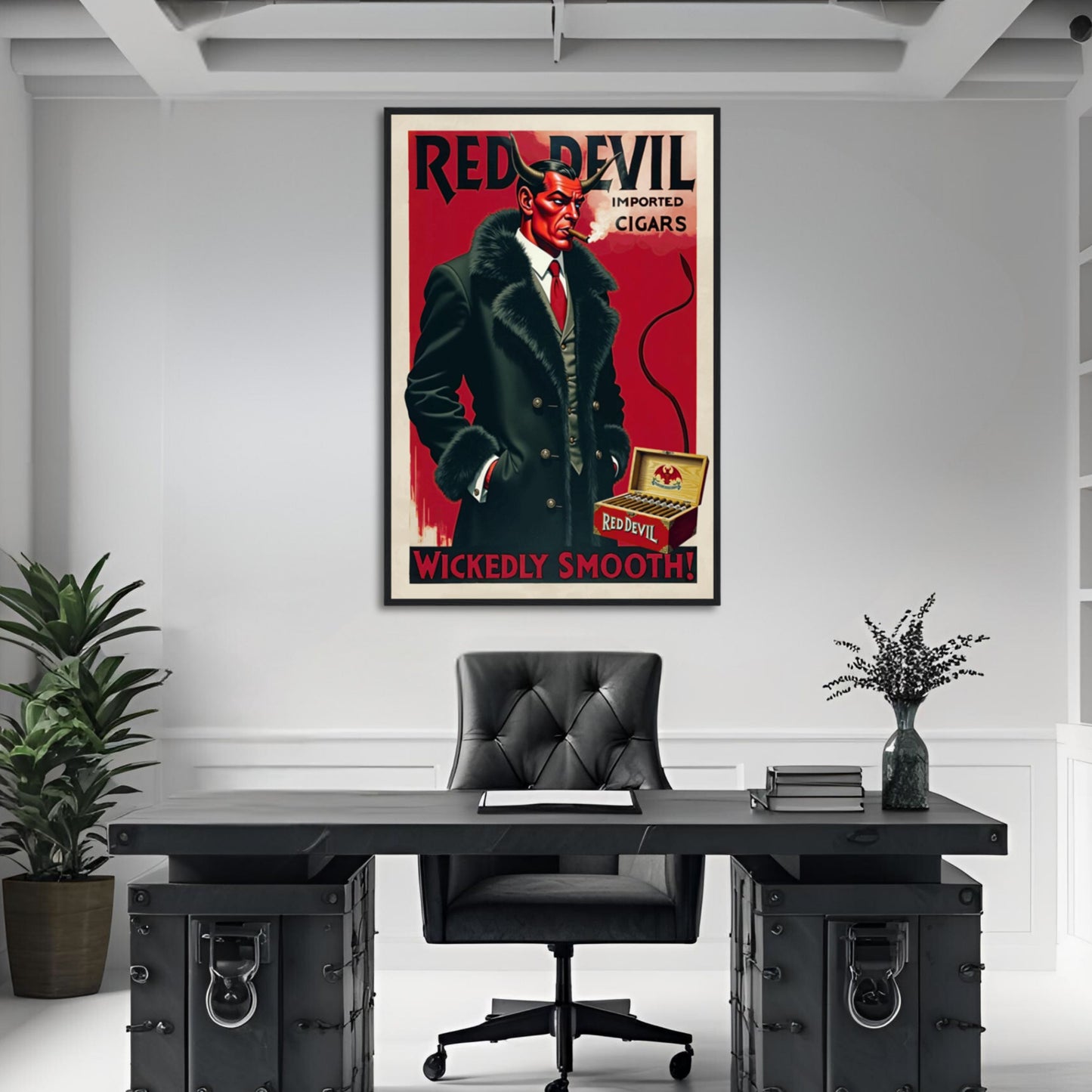 Red Devil Art Deco Cigar Art Print 70x100 cm 28x40″ Museum-Quality Matte Paper Wooden Framed Poster Dark Brown Wood Frame