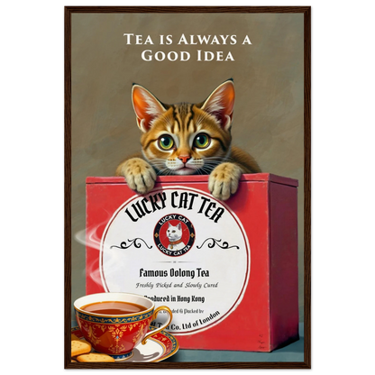 Tabby Lucky Cat Tea Vintage Kitchen Art Print Dark Brown Wood Frame 40x60 cm 16x24″ Museum-Quality Matte Paper Wooden Framed Poster