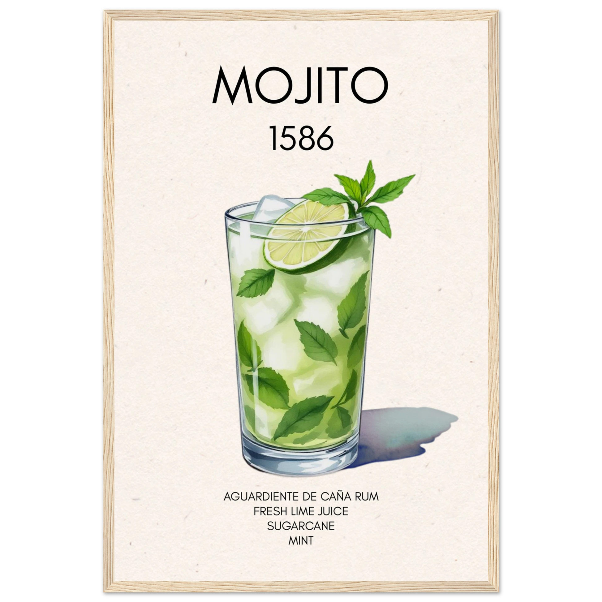 Mojito Cocktail Bar Art Print Light Wood Frame 40x60 cm 16x24″ Premium Matte Paper Wooden Framed Poster