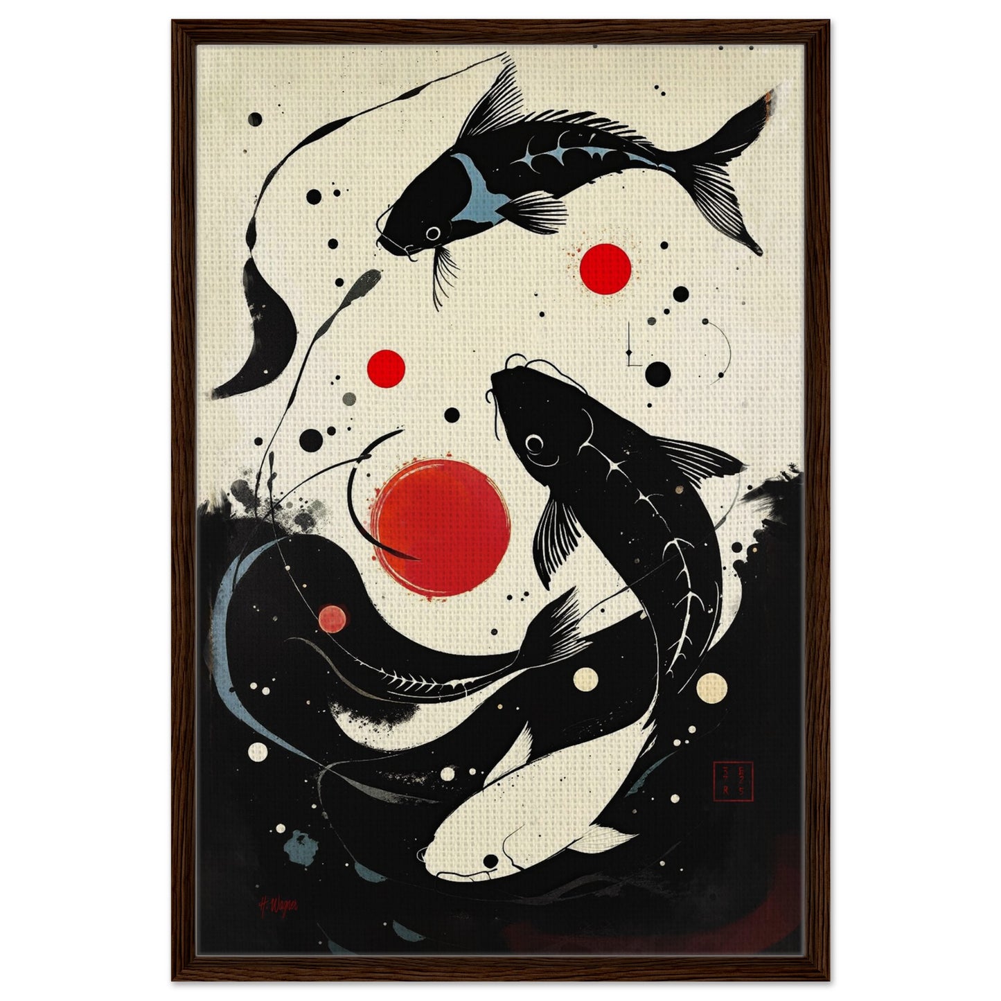 Mid-Century Modern Koi Fish Art Poster Print – Framed Abstract Black White Wall Décor 60x90 cm 24x36″ Framed Canvas Dark Brown Wood Frame