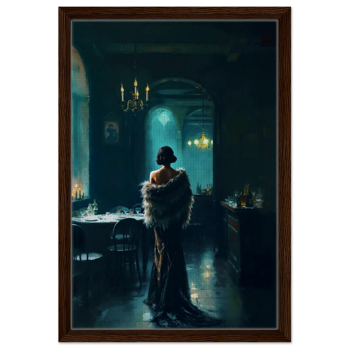 Moody Speakeasy Flapper Bar Art Print Dark Brown Wood Frame 40x60 cm 16x24″ Framed Canvas