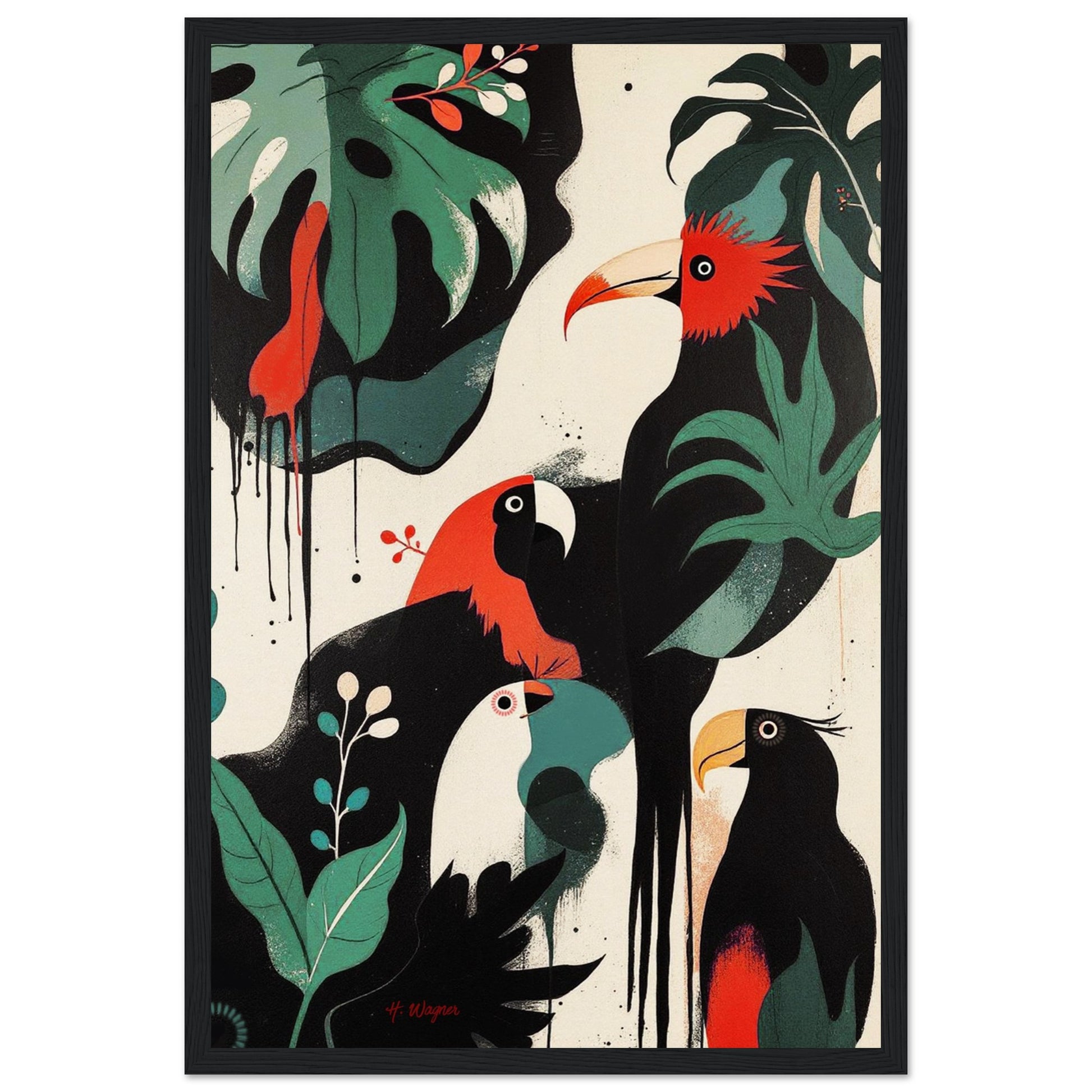 Mid-Century Modern Exotic Bird Art Poster Print - Framed Tropical Parrot Wall Décor Black Wood Frame 30x45 cm 12x18″ Museum-Quality Matte Wooden Framed Poster