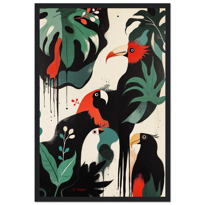 Mid-Century Modern Exotic Bird Art Poster Print - Framed Tropical Parrot Wall Décor Black Wood Frame 30x45 cm 12x18″ Museum-Quality Matte Wooden Framed Poster