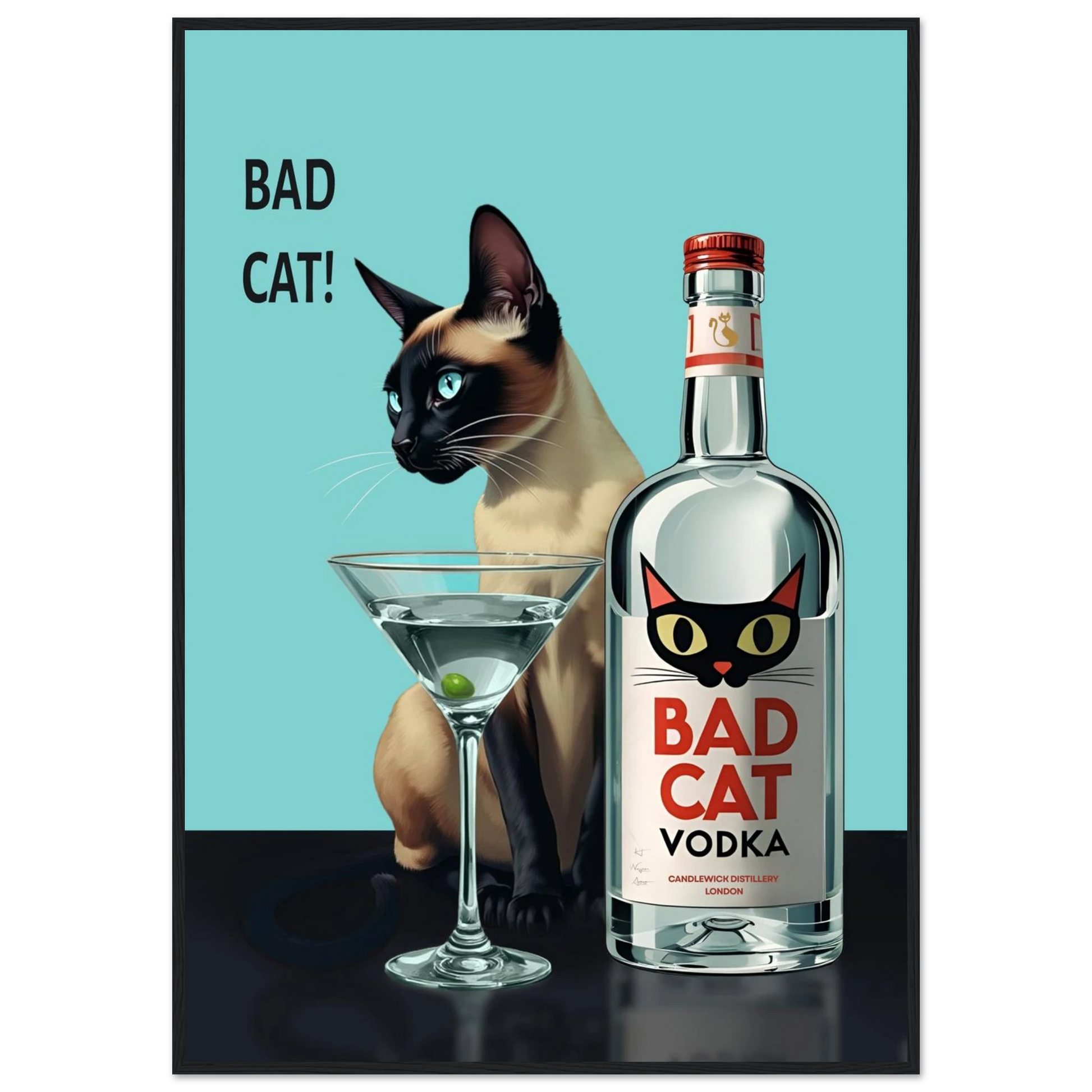 Siamese Cat Retro Martini Cocktail Bar Art Print Black Wood Frame 70x100 cm 28x40″ Classic Matte Paper Wooden Framed Poster