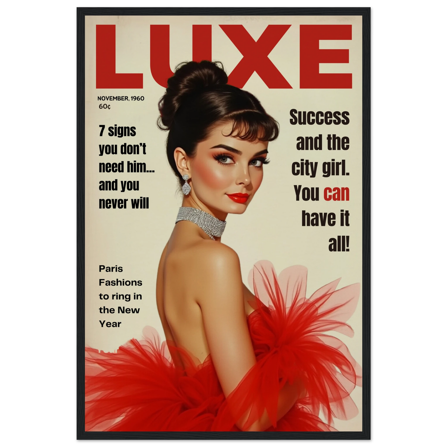 Audrey Hepburn Vintage Fashion Art Print Black Wood Frame 40x60 cm 16x24″ Museum-Quality Matte Paper Wooden Framed Poster