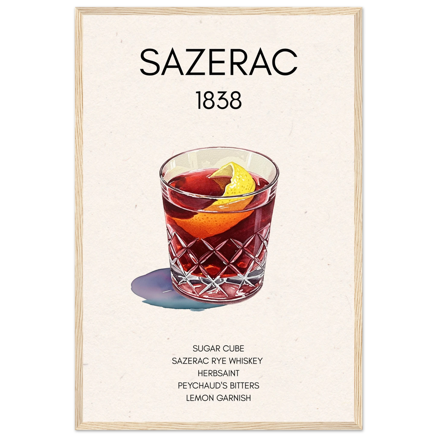 Sazerac Cocktail Bar Poster Print Light Wood Frame 40x60 cm 16x24″ Premium Matte Paper Wooden Framed Poster