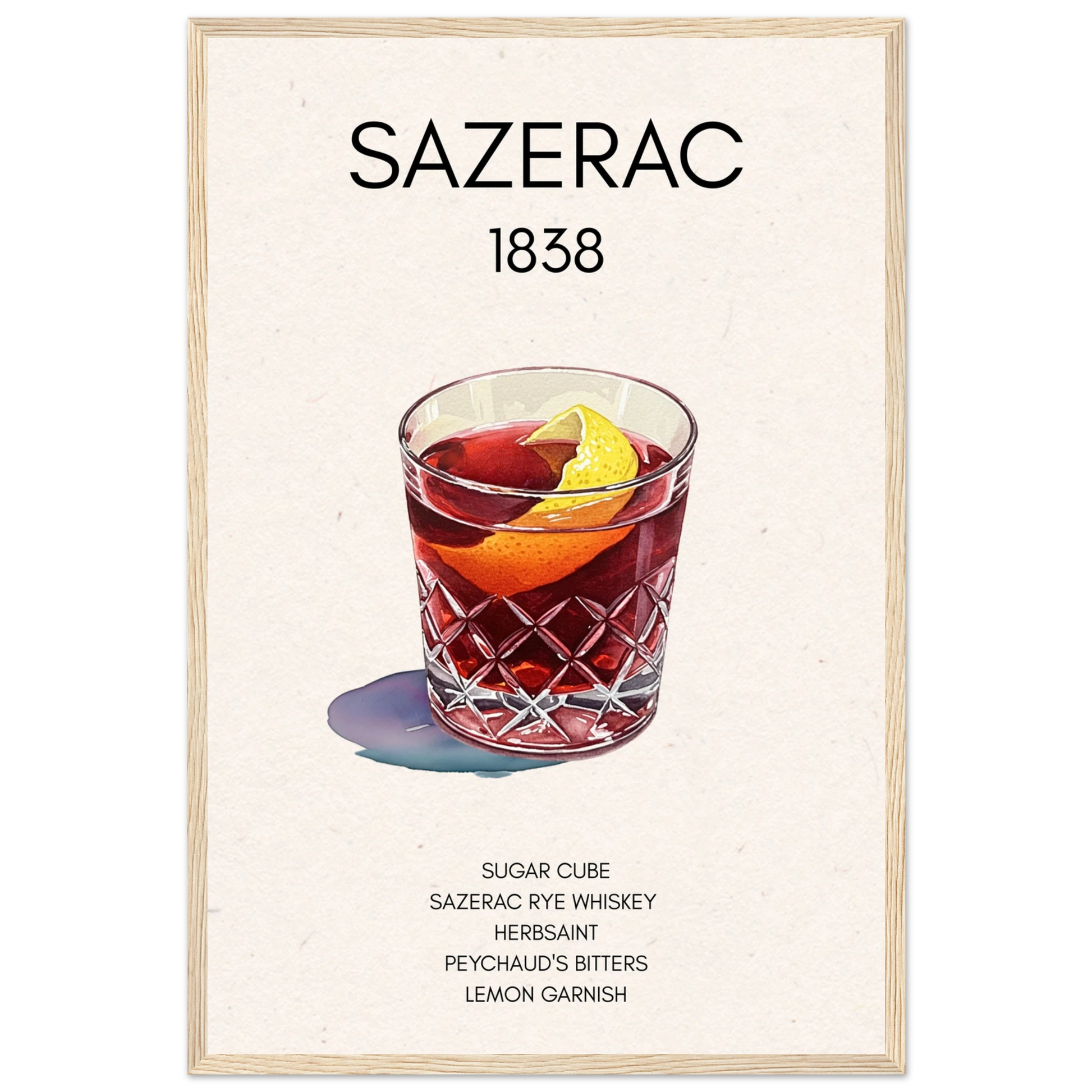 Sazerac Cocktail Bar Art Print Light Wood Frame 40x60 cm 16x24″ Premium Matte Paper Wooden Framed Poster