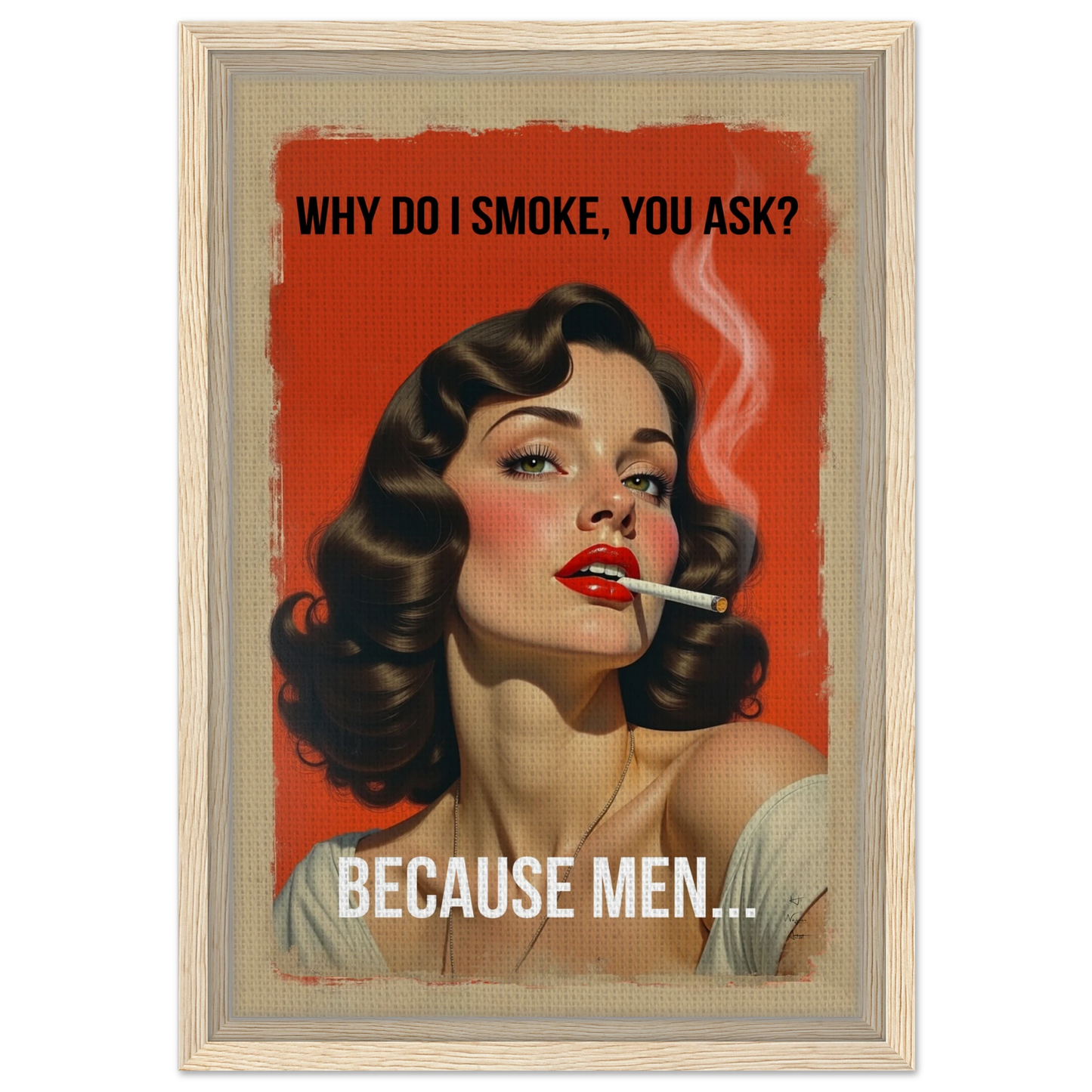 Retro Smoking Pin-Up Girl Art Print Light Wood Frame 30x45 cm 12x18″ Framed Canvas