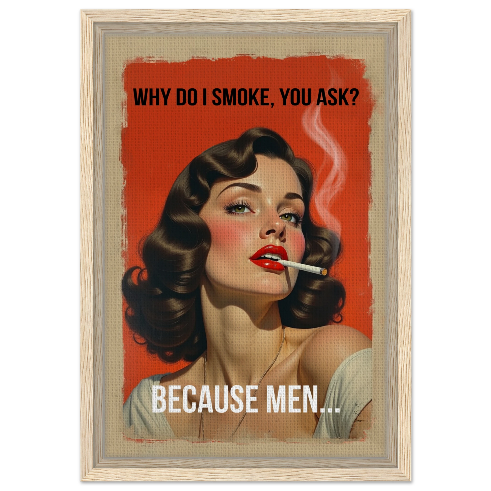 Retro Smoking Pin-Up Girl Art Print Light Wood Frame 30x45 cm 12x18″ Framed Canvas