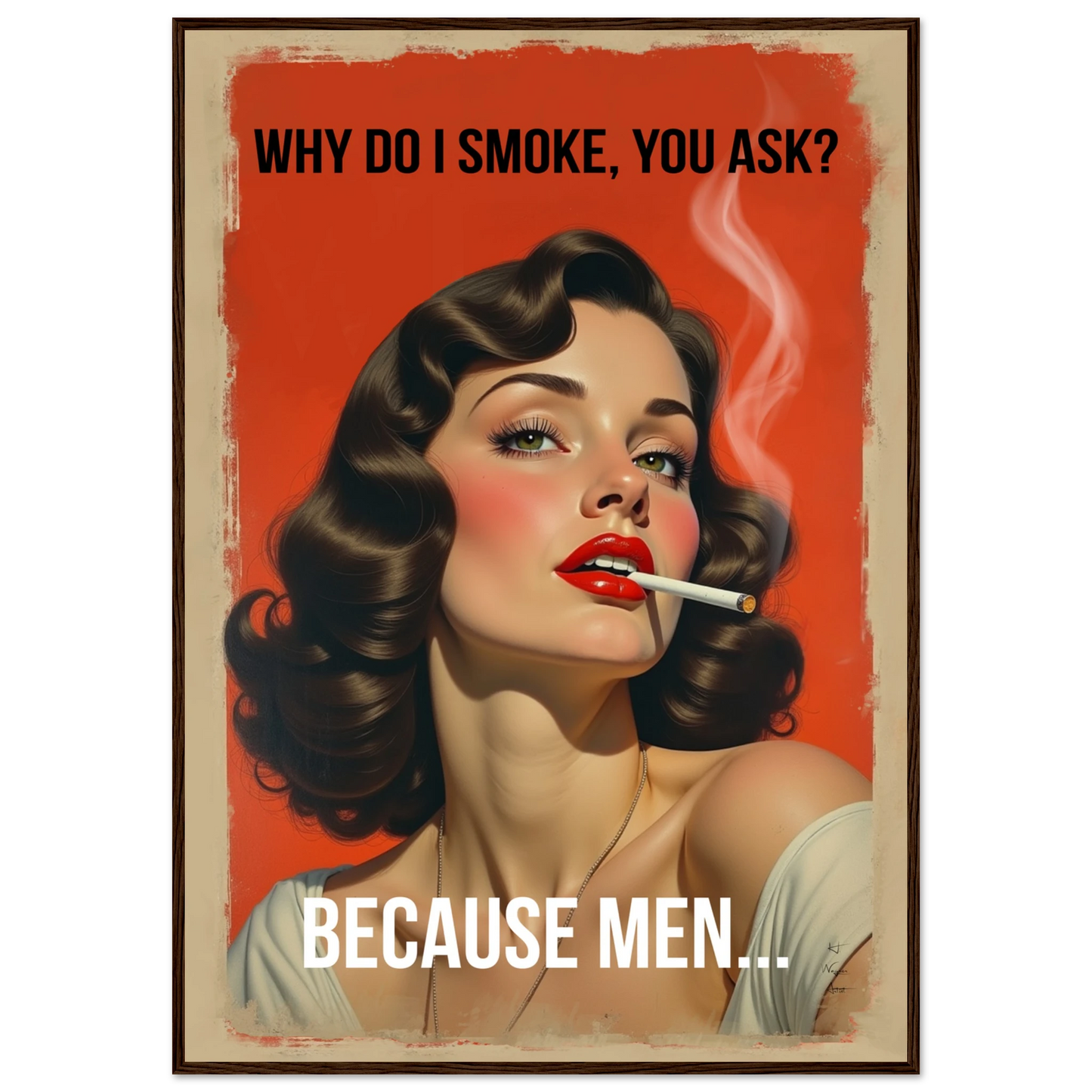 Retro Smoking Pin-Up Girl Art Print Dark Brown Wood Frame 70x100 cm 28x40″ Classic Matte Paper Wooden Framed Poster