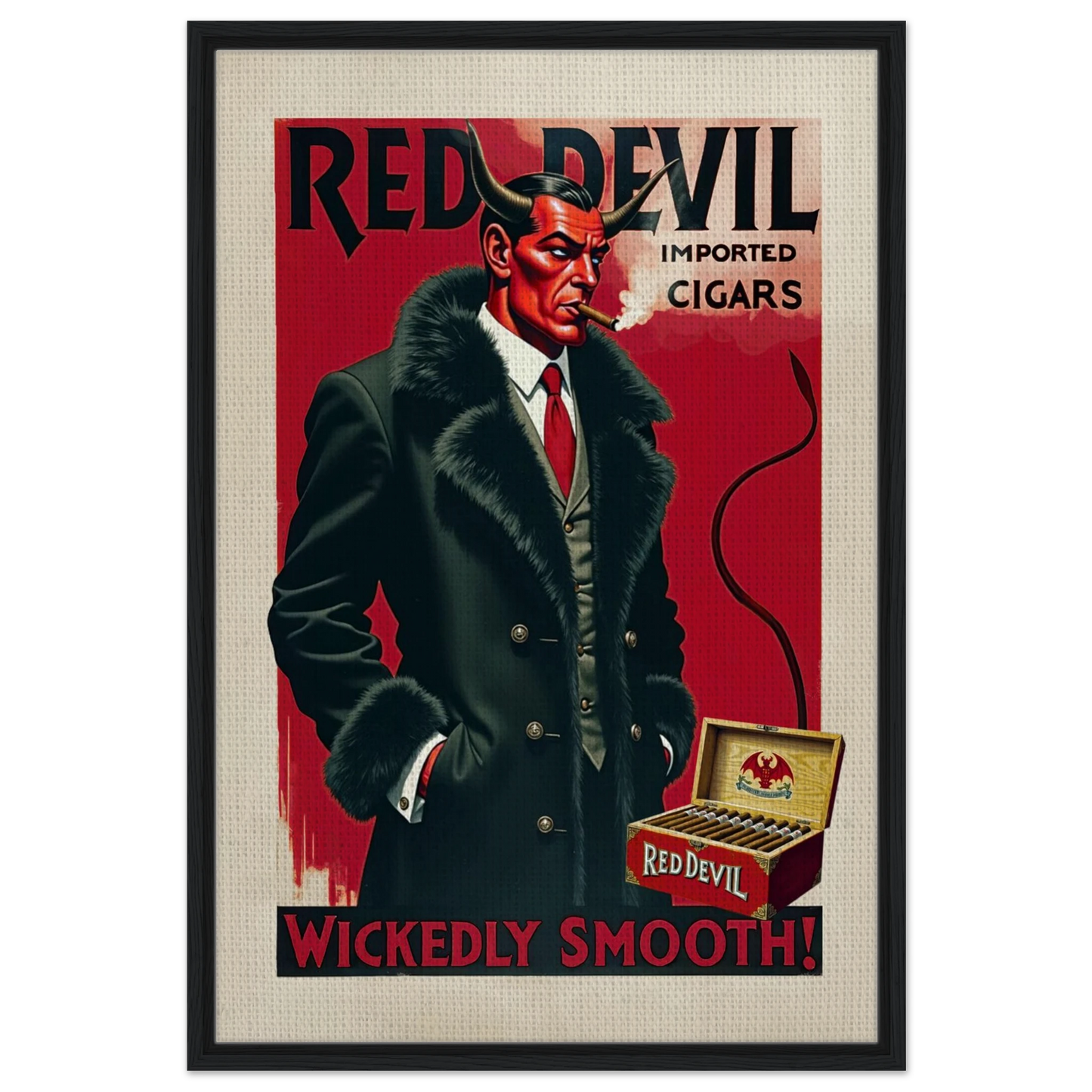 Red Devil Art Deco Cigar Art Print 60x90 cm 24x36″ Framed Canvas Black Wood Frame