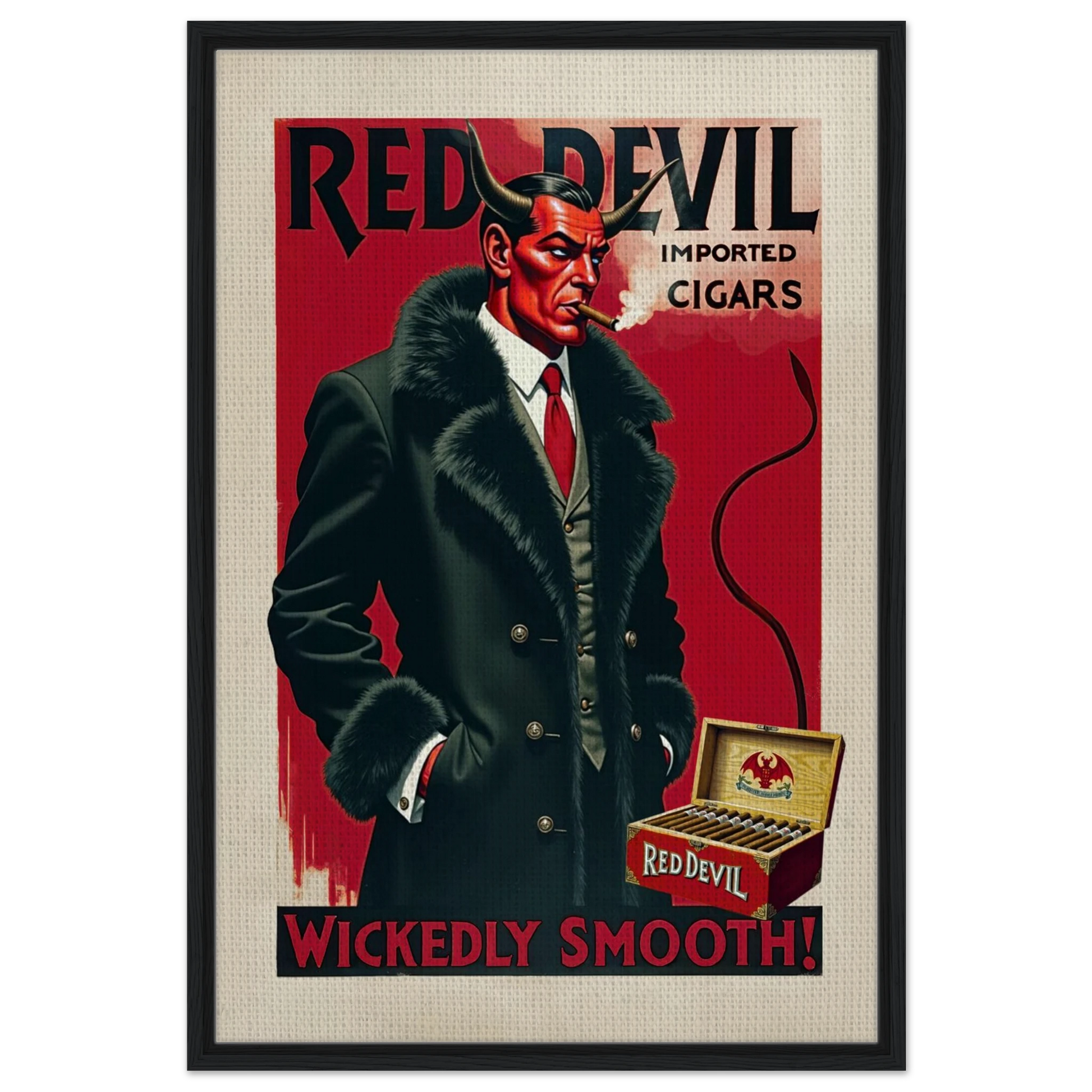Red Devil 1920s Art Deco Cigar Art Print 60x90 cm 24x36″ Framed Canvas Black Wood Frame