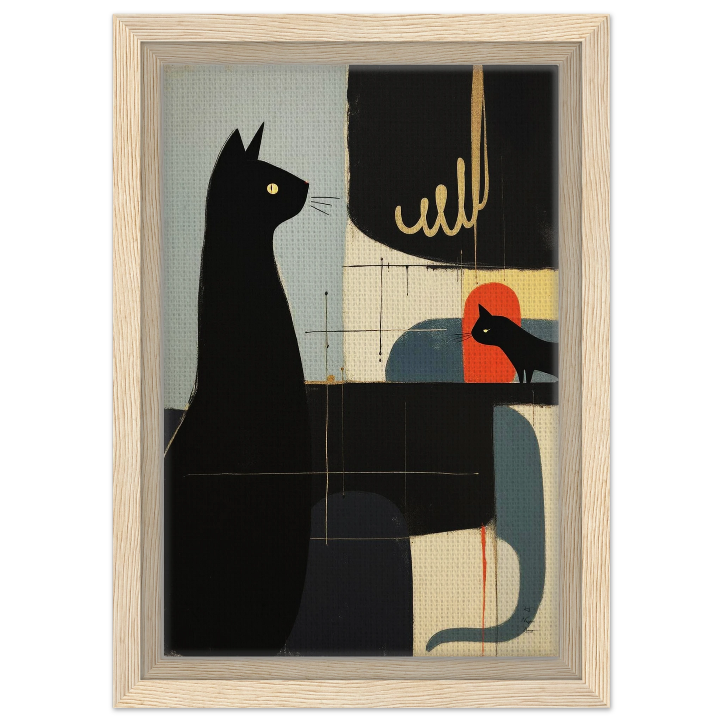 Abstract Cat & Kitten Modern Art Print Light Wood Frame 20x30 cm 8x12″ Framed Canvas