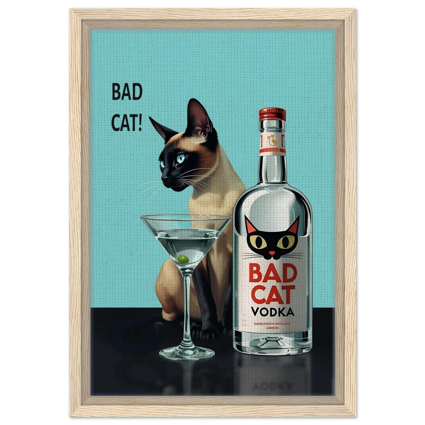 Siamese Cat Retro Martini Cocktail Bar Art Print Light Wood Frame 30x45 cm 12x18″ Framed Canvas