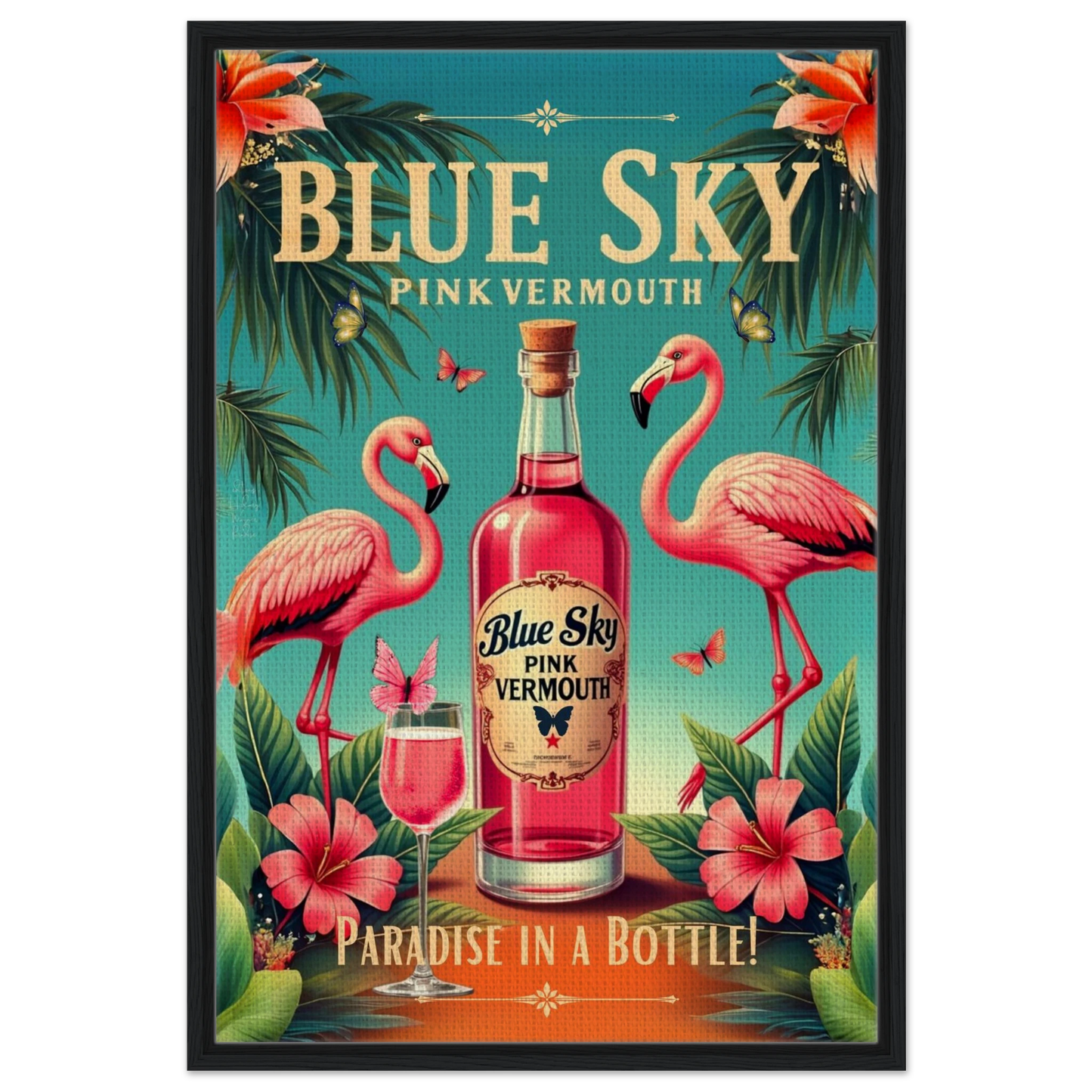 Vintage Pink Flamingo Tiki Bar Art Print 60x90 cm 24x36″ Framed Canvas Black Wood Frame