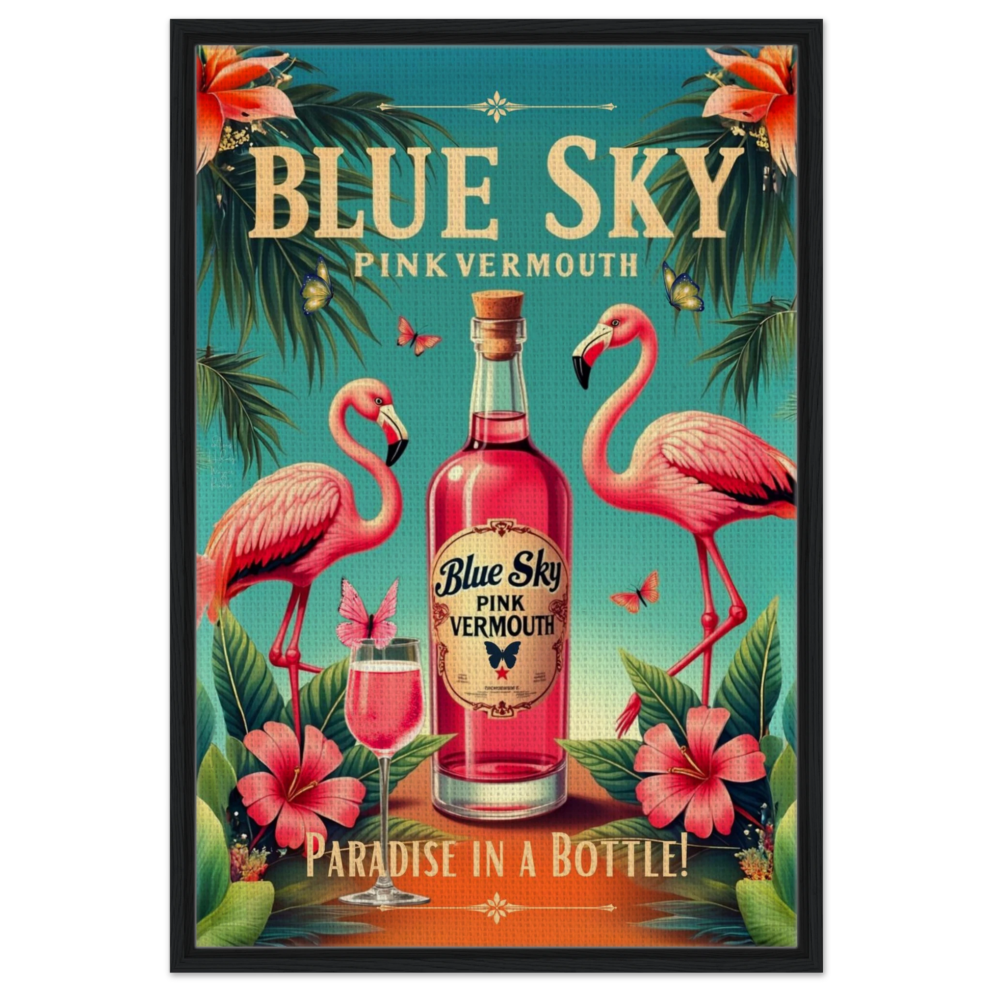 Vintage Pink Flamingo Tiki Bar Art Print 60x90 cm 24x36″ Framed Canvas Black Wood Frame