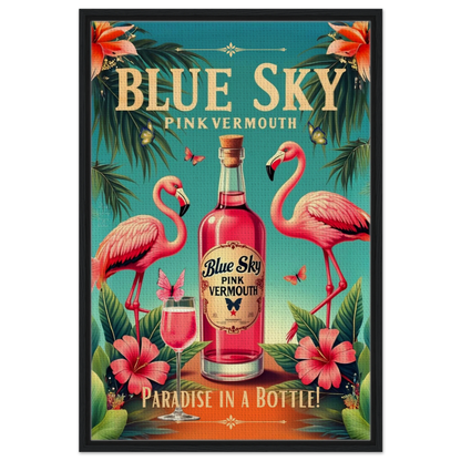 Vintage Pink Flamingo Tiki Bar Art Print 60x90 cm 24x36″ Framed Canvas Black Wood Frame