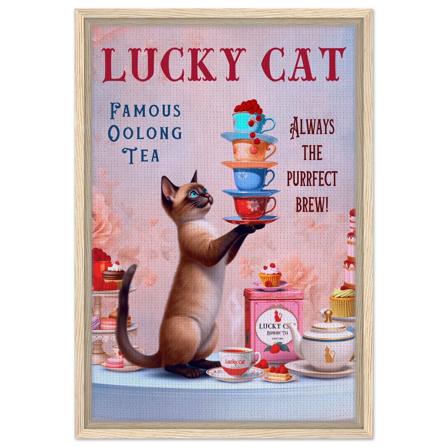 Siamese Lucky Cat Vintage Tea Art Print 40x60 cm 16x24″ Framed Canvas Light Wood Frame