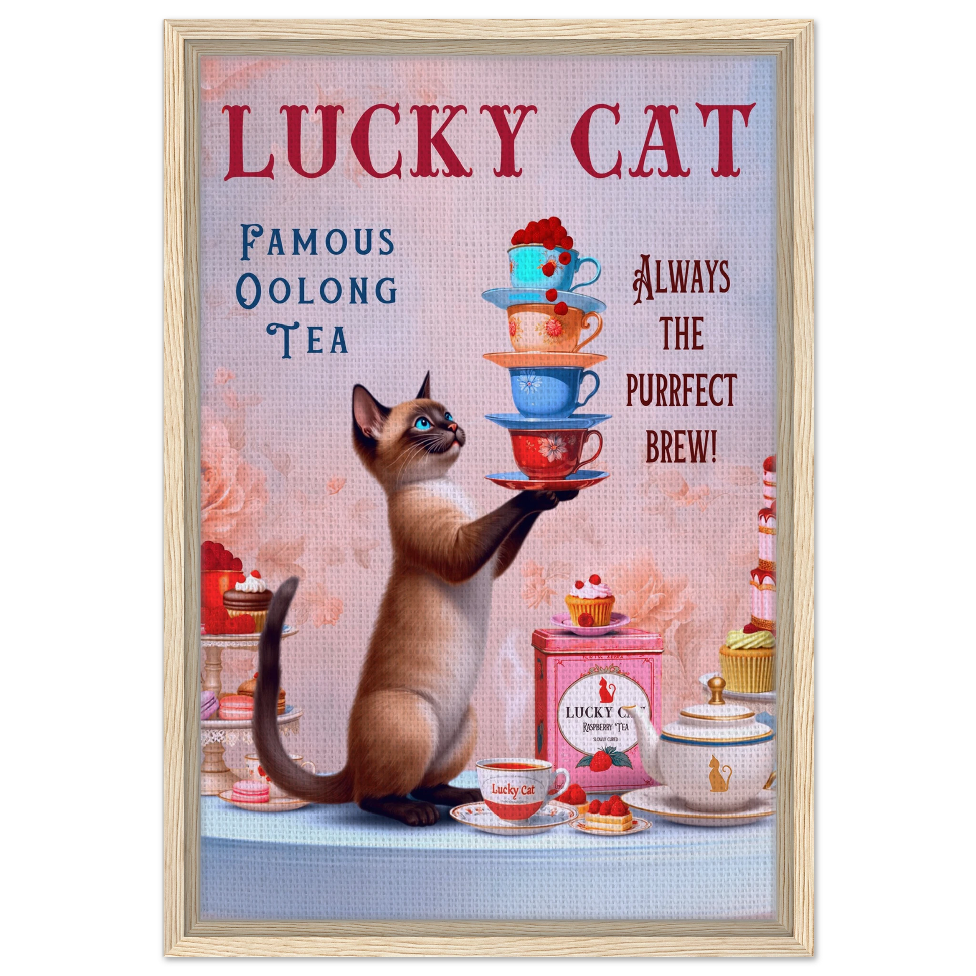 Siamese Lucky Cat Vintage Tea Art Print 40x60 cm 16x24″ Framed Canvas Light Wood Frame