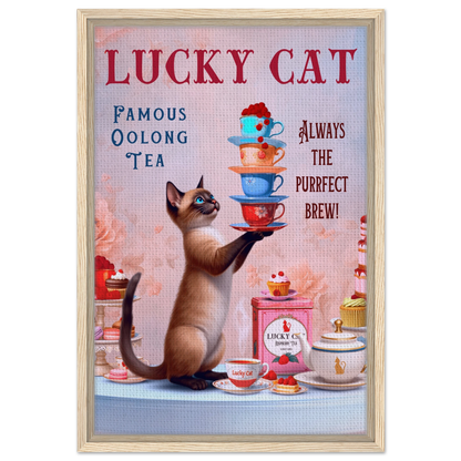 Siamese Lucky Cat Vintage Tea Art Print 40x60 cm 16x24″ Framed Canvas Light Wood Frame