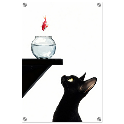 Curious Black Cat Goldfish Minimalist Art Print 40x60 cm 16x24″ Sleek Acrylic Print