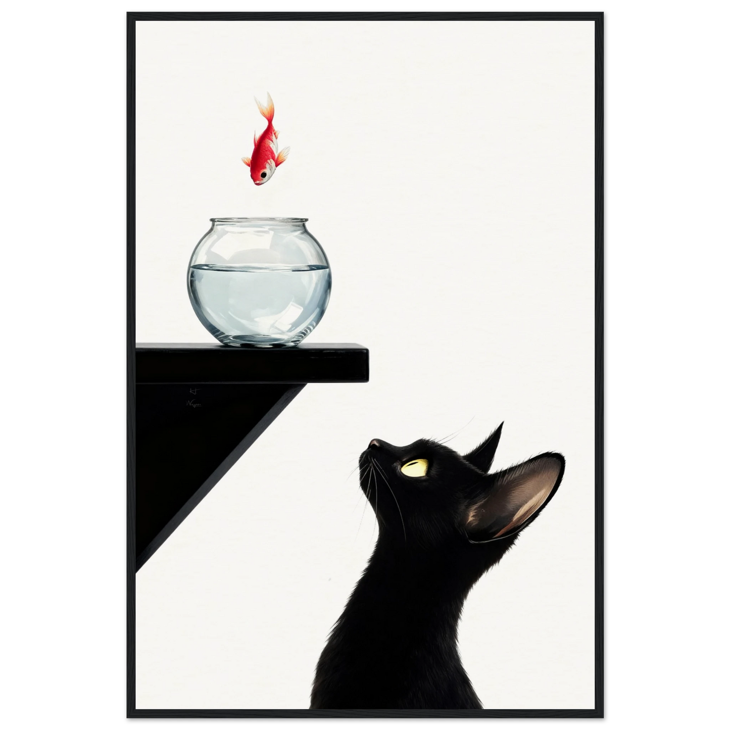 Curious Black Cat Goldfish Minimalist Art Print 60x90 cm 24x36″ Museum-Quality Matte Framed Poster - Black Wood