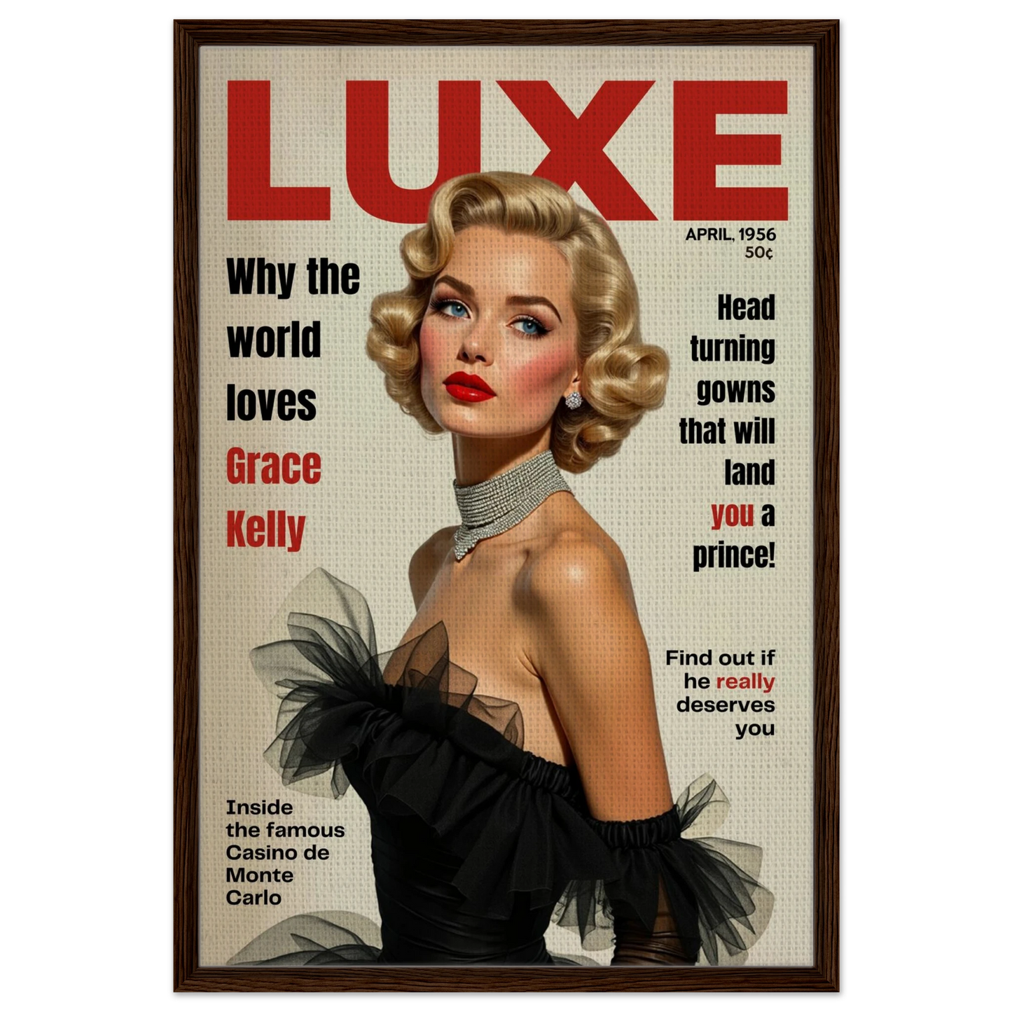 Grace Kelly Hollywood Glam Magazine Art Print Dark Brown Wood Frame 60x90 cm 24x36″ Framed Canvas