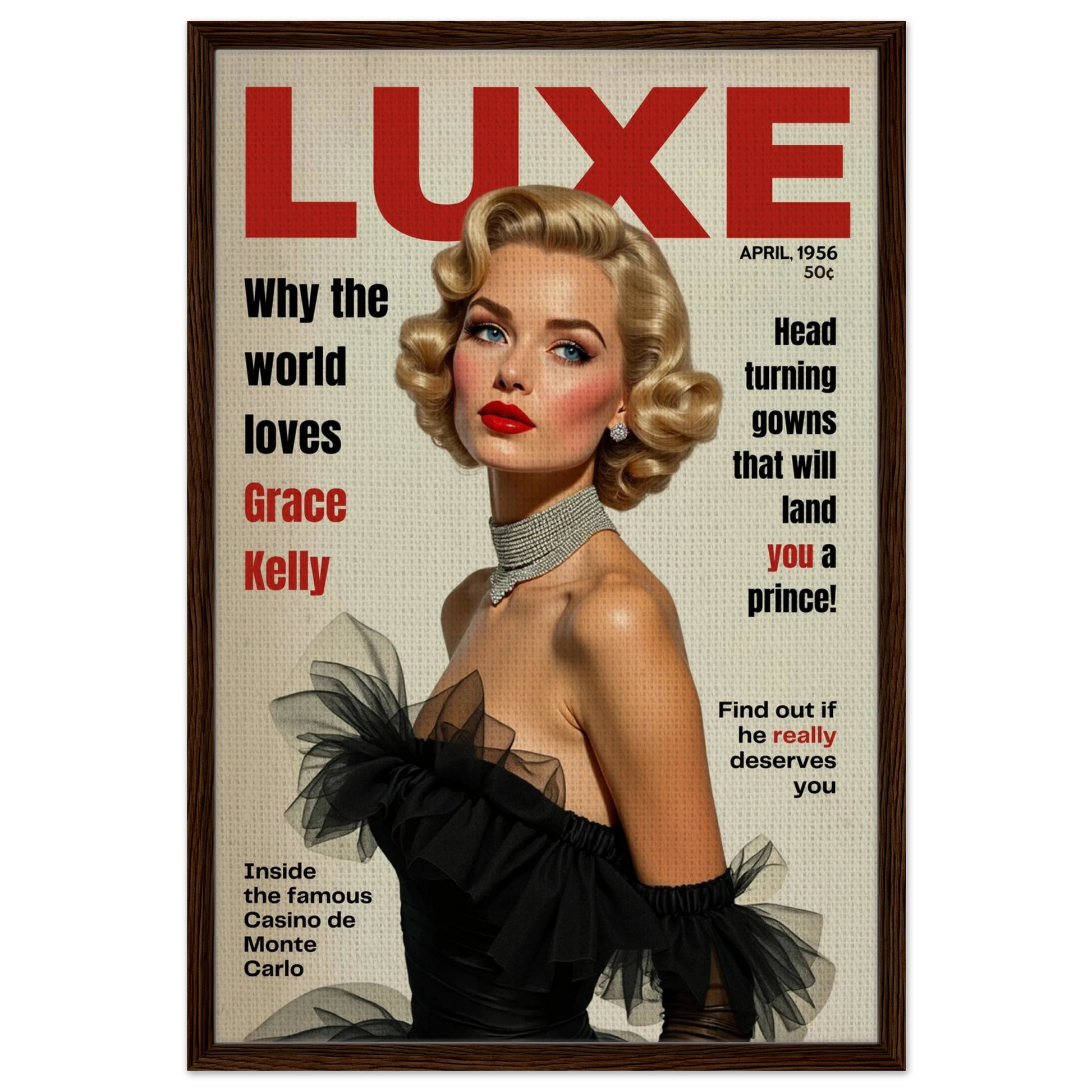 Grace Kelly Hollywood Glam Magazine Art Print Dark Brown Wood Frame 60x90 cm 24x36″ Framed Canvas