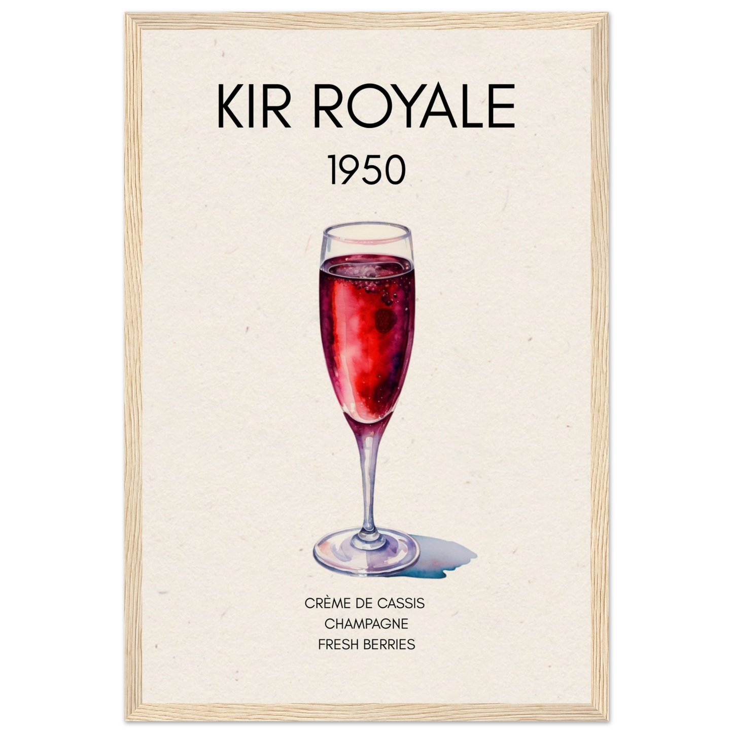 Kir Royale Champagne Cocktail Bar Poster Print Light Wood Frame 30x45 cm 12x18″ Museum-Quality Matte Paper Wooden Framed Poster