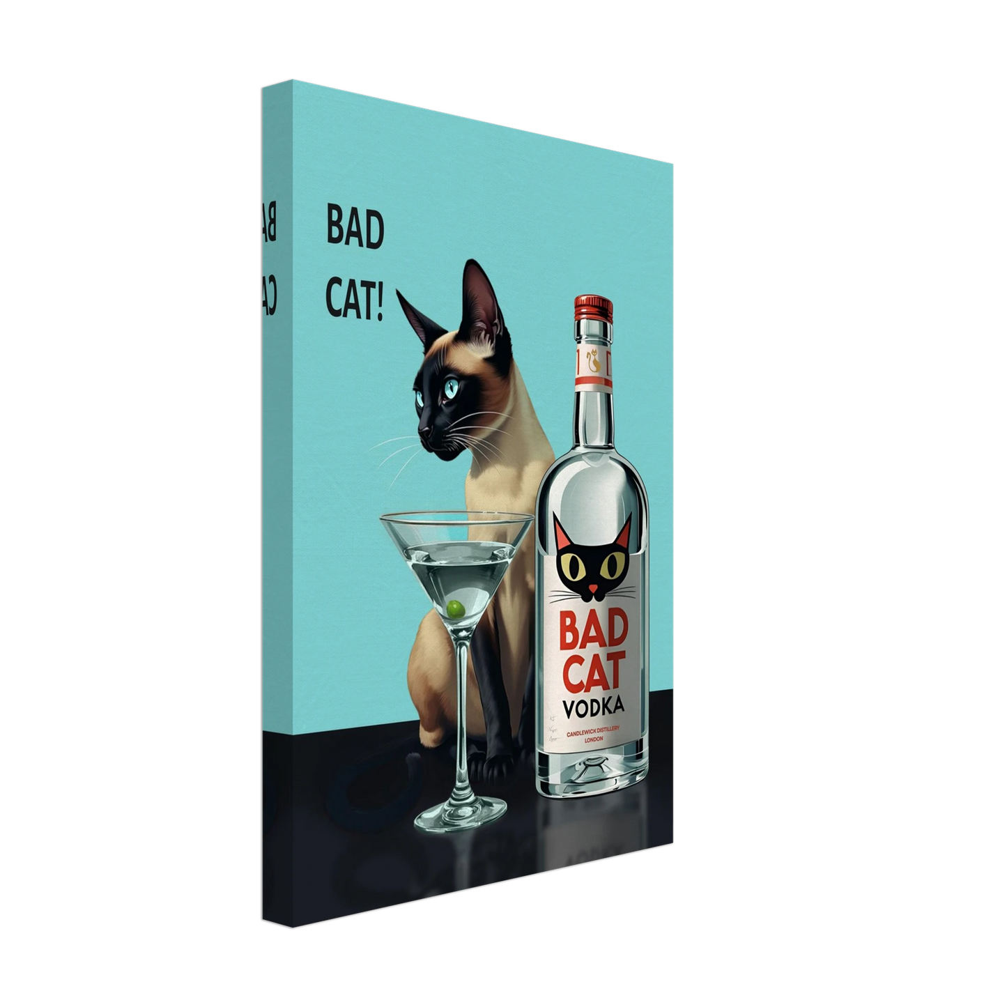 Siamese Cat Retro Martini Cocktail Bar Art Print Black Wood Frame 40x60 cm 16x24″ Framed Canvas