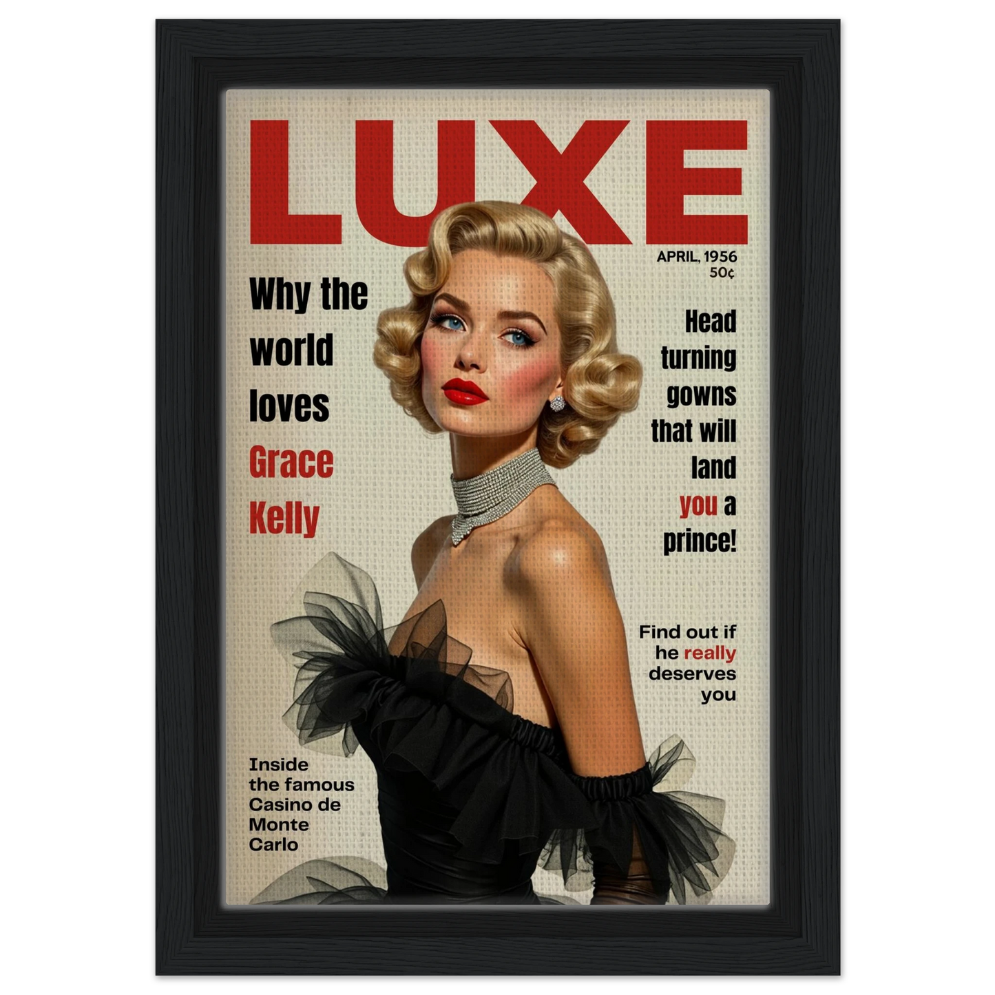 Grace Kelly Hollywood Glam Magazine Art Print Black Wood frame 20x30 cm 8x12″ Framed Canvas