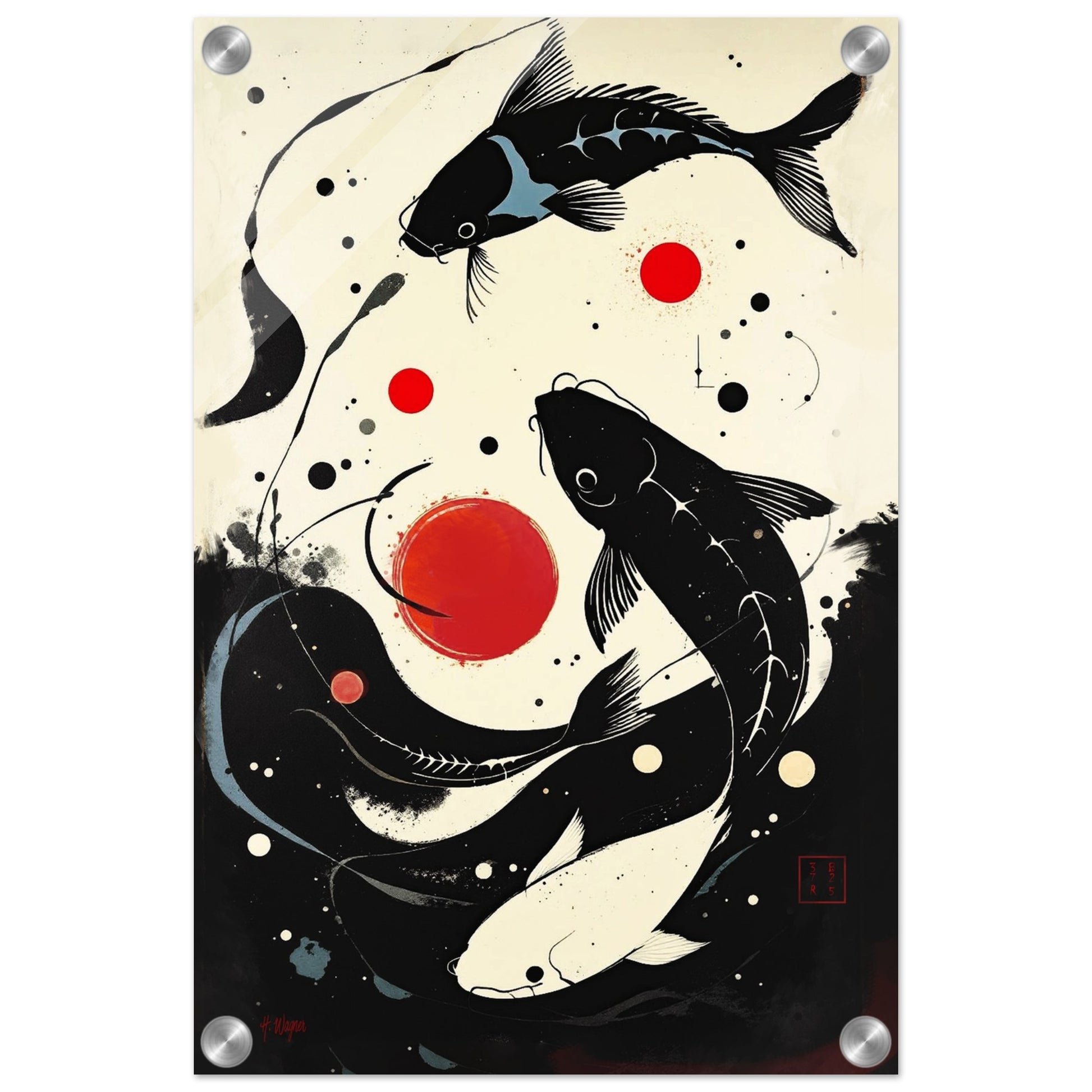 Mid-Century Modern Koi Fish Art Poster Print – Framed Abstract Black White Wall Décor 30x45 cm 12x18″ Framed Canvas Light Wood Frame