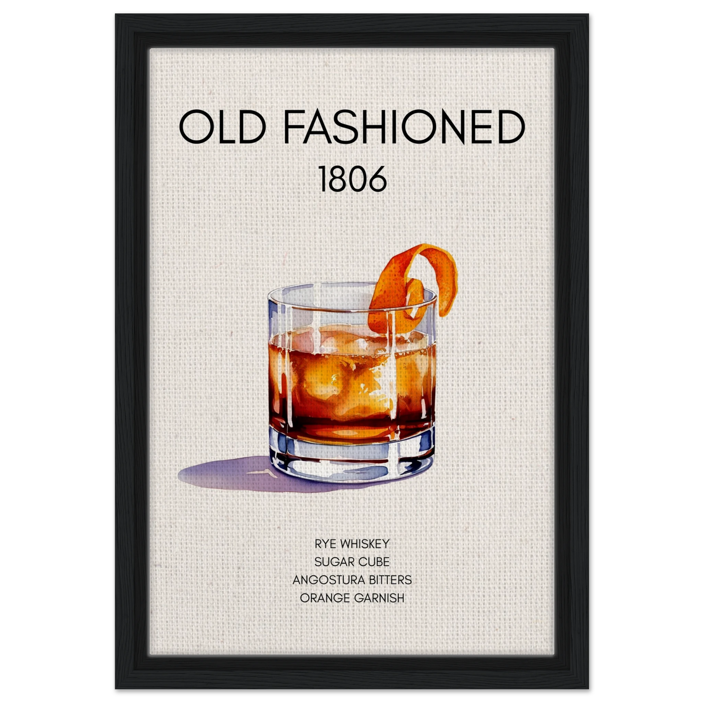 Classic Old Fashioned Cocktail Bar Poster Print Black Wood Frame 30x45 cm 12x18″ Framed Canvas