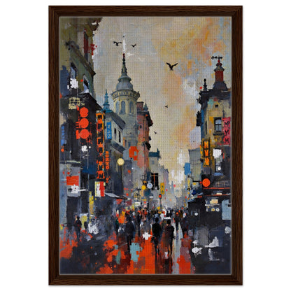 Gothic City Street Art Print - European Cityscape 40x60 cm 16x24″ Framed Canvas - Dark Brown Wood
