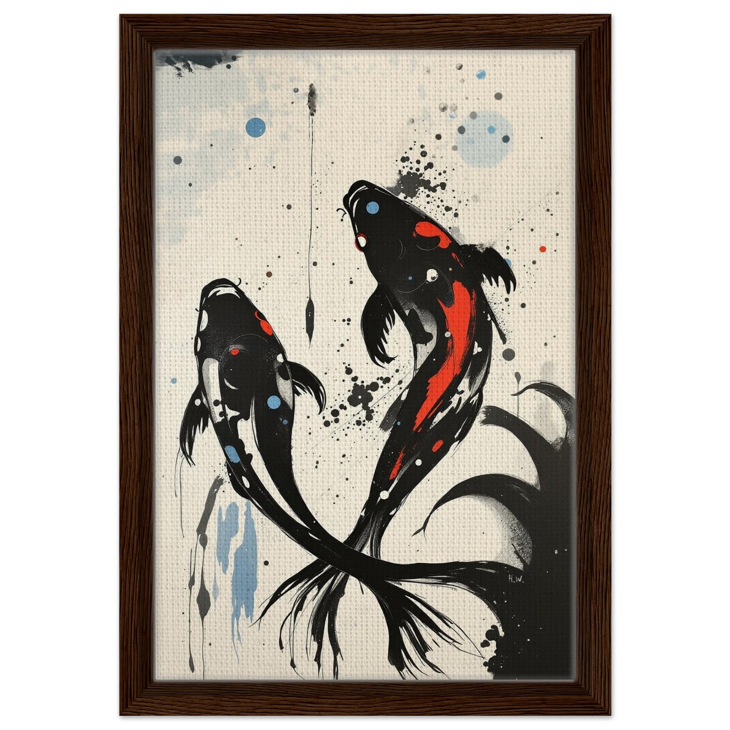 Modern Koi Fish Ocean Art Print 30x45 cm 12x18″ Framed Canvas Dark Brown Wood Frame