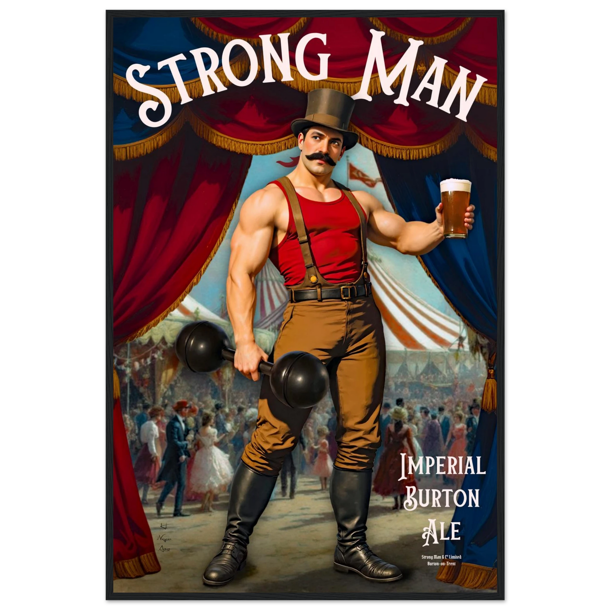 Vintage Victorian Circus Strongman Ale Art Print Black Wood Frame 60x90 cm 24x36″ Premium Matte Wooden Framed Poster