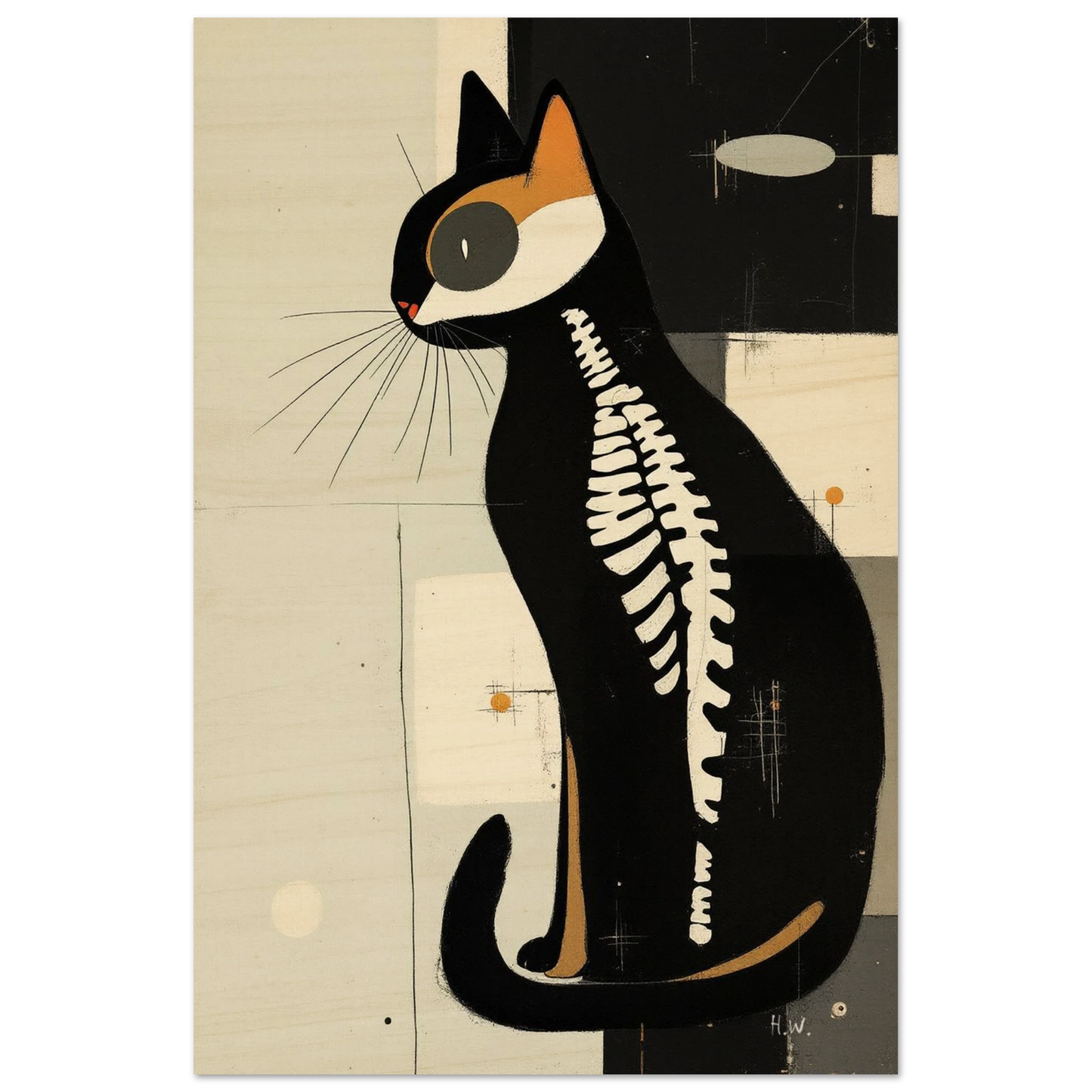 Modern Cat Skeleton Abstract Art Poster Print Dark Brown Wood Frame 60x90 cm 24x36″ Classic Matte Paper Wooden Framed Poster