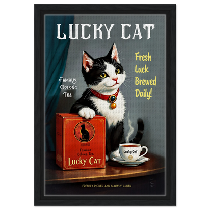 Lucky Tuxedo Cat Tea Kitchen Art Print 30x45 cm 12x18″ Framed Canvas Black Wood frame