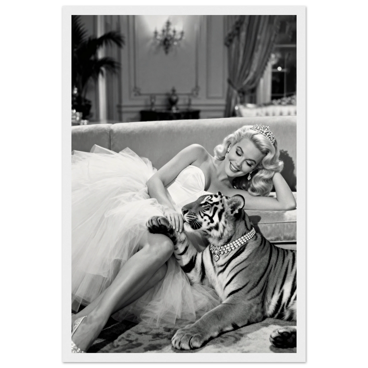 Vintage Hollywood Starlet Tiger Art Print 30x45 cm 12x18″ Museum-Quality Matte Framed Poster - White Wood