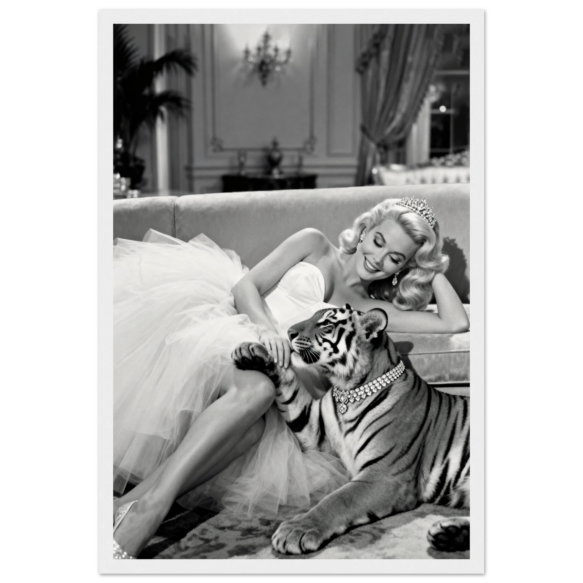 Vintage Hollywood Starlet Tiger Art Print 30x45 cm 12x18″ Museum-Quality Matte Framed Poster - White Wood